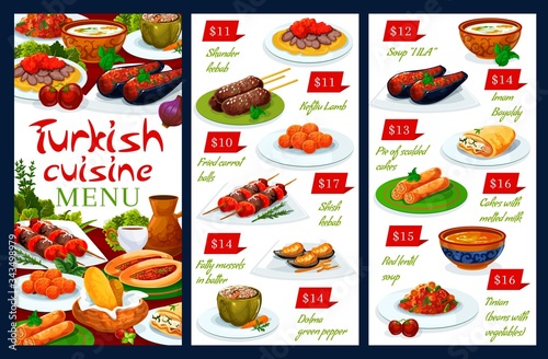 Turkish cuisine national food vector authentic restaurant menu. Turkish iskender and shish kebab, lamb meat kofte, fried carrot balls and fatty mussels in batter, green pepper dolma and soup illa