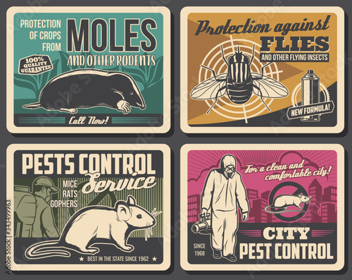 Pest control service, vector retro posters, insects disinsection, rodents extermination and deratization. Agriculture, city and domestic pest control disinfection against moles, rats, mice and flies