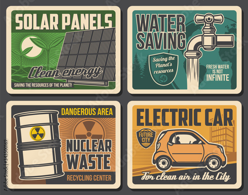Green planet and environment conservation, vector vintage posters. Earth protection, water saving and green energy resources of solar panels, electric car eco transport, nuclear waste recycling center
