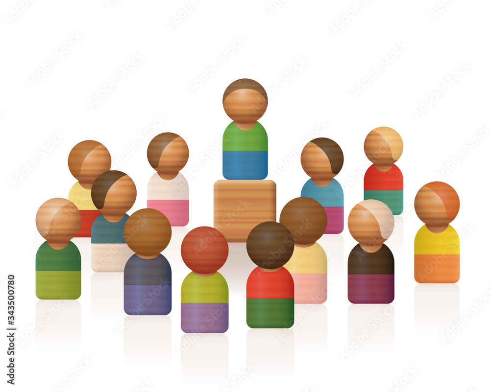 Obraz premium Wooden toy figures symbolizing a speech of an elevated lecturer with listening audience. Isolated vector illustration on white background.