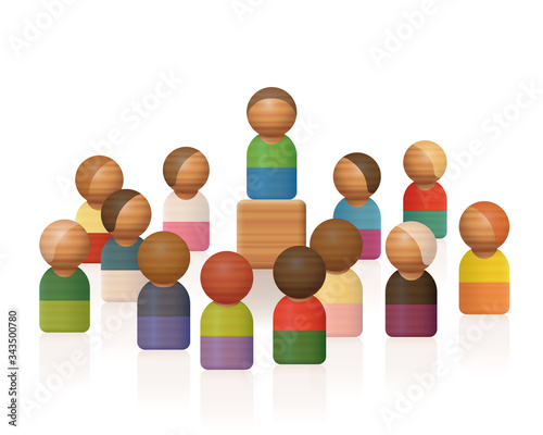 Wooden toy figures symbolizing a speech of an elevated lecturer with listening audience. Isolated vector illustration on white background.

