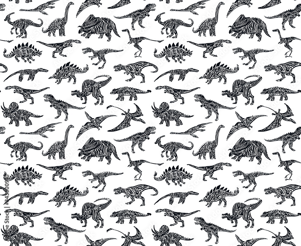 Hand drawn grunge seamless pattern with different dinosaur silhouettes ...