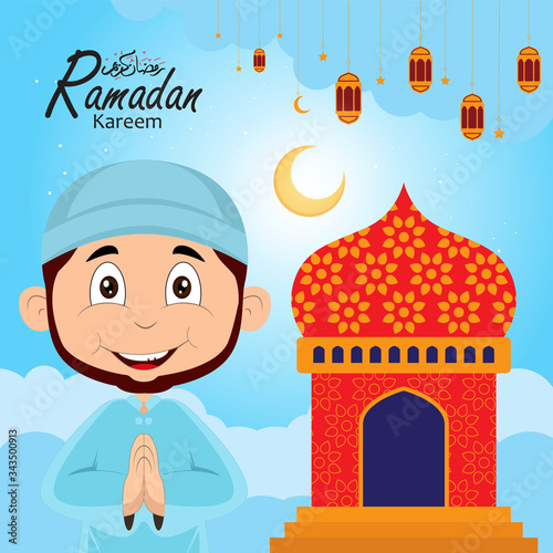 ramadan greeting card design with ramadan kareem cartoon character. Translated: Happy & Holy Ramadan. Month of fasting for Muslims. Arabic Calligraphy.