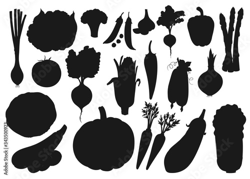 Vegetables and farm veggies, vector silhouette icons. Organic vegetarian food cabbage, pumpkin, tomato and cucumber, cauliflower and broccoli, onion and garlic, asparagus and beetroot