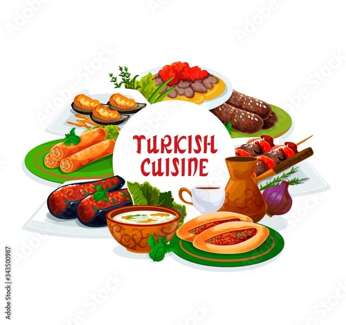 Turkish cuisine restaurant vector menu cover, Turkey national food dishes. Authentic Turkish traditional meal iskender and shish kebab meat, lamb kofte, mussels in batter, red lentil soup and pastry