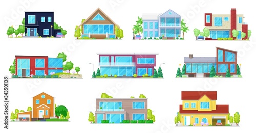 Fototapeta Naklejka Na Ścianę i Meble -  Private houses, villa, mansion and cottage, residential buildings, real estate vector icons. Modern facades of townhouse property, family house, duplex apartments and lodge with garage and garden