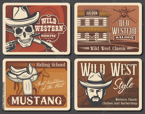 Wild West vector vintage posters, American Western horse rode show and Texas saloon. Wild West barber shop salon signs, riding school and skull in bandit hat with revolver guns
