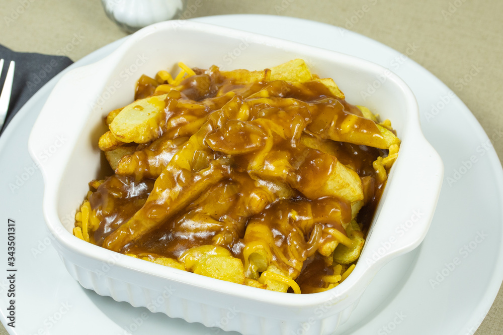 plat canadien Poutine (frites, cheddar et sauce brune) plat canadien Poutine (frites, cheddar et sauce brune)