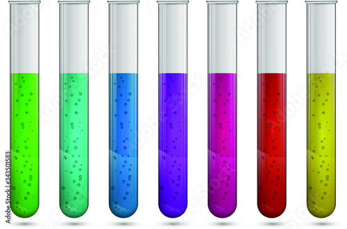 Vector transparent glass test tubes with colored liquids and bubbles