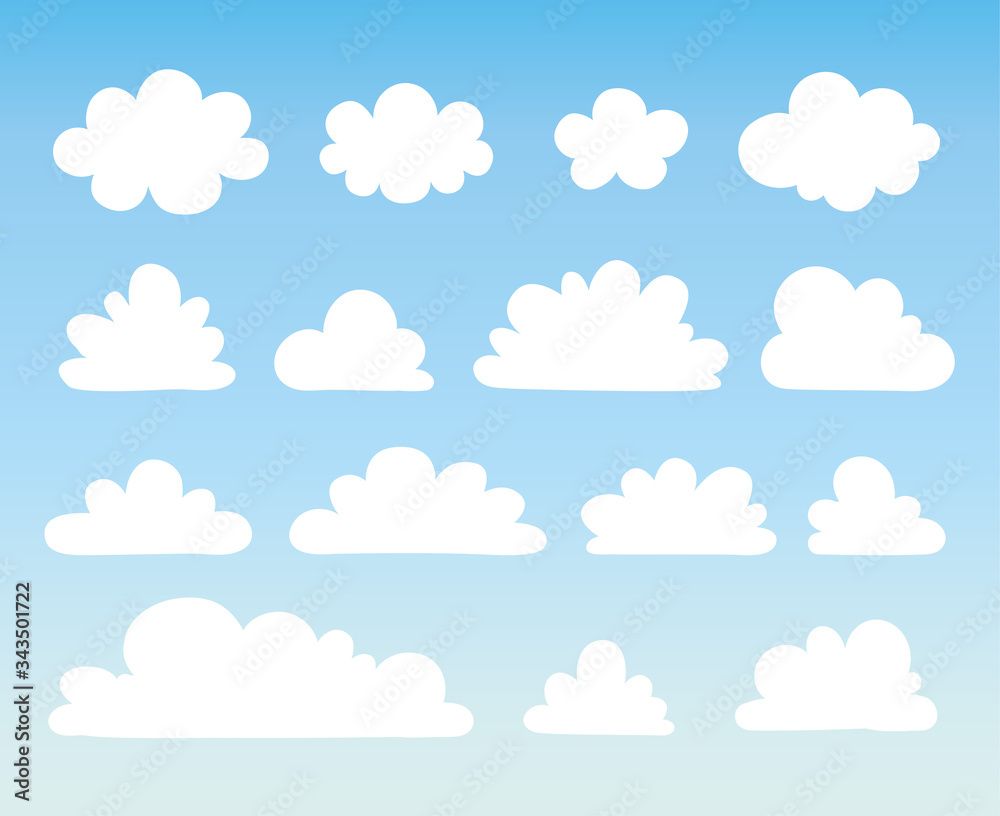 Vector illustration with a collection of white clouds on a blue background.