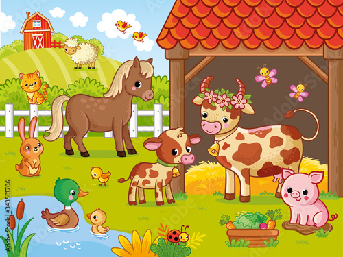 Farm with animals in cartoon style. Vector illustration with pets. Large set.