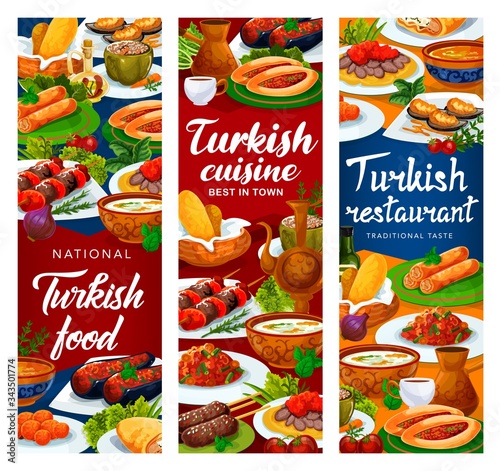 Turkish cuisine restaurant vector banners, Turkey national food dishes menu. Authentic Turkish traditional red lentil soup, iskender and shish kebab, lamb kofte, fried carrot balls and imam bajaldi