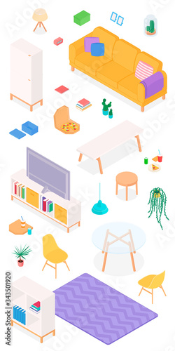 Set of isometric furniture and accessories. Vector collection. Illustration in flat design.