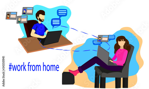 work at home design flat girl laptop online communication conference guy computer freelance concept vector