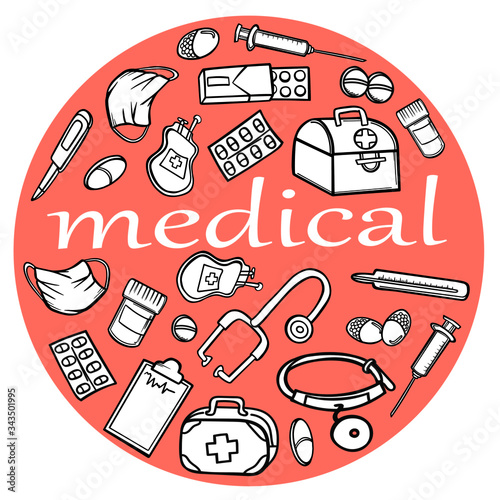 banner poster medicine equipment pharmaceutics pills vector objects in circle card doodle sketch