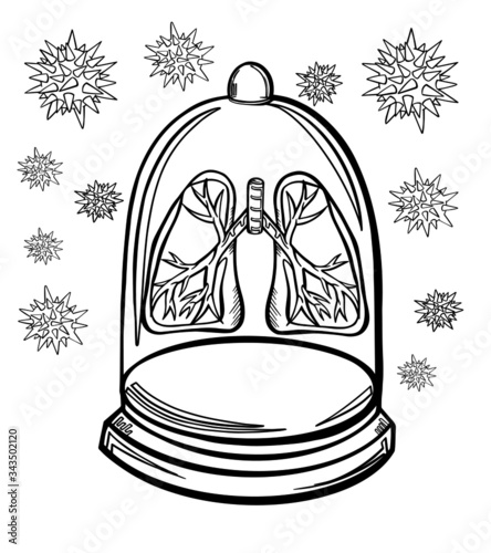 flask with lungs and viruses illustration vector clip art medicine graphic isolate banner poster contour disease coronavirus
