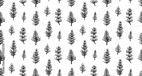 Hand drawn grunge seamless pattern with jurassic horsetails. Black and white dino vector background, fashion print for textile or decorations for kids