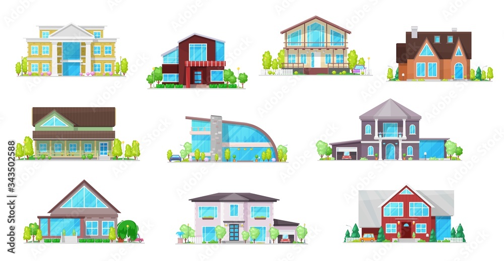 Real estate private buildings vector icons. Isolated villas, cottages and bungalow. Cartoon modern, classic design residential homes, village real estate townhouses residence apartments, property set