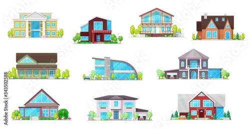 Real estate private buildings vector icons. Isolated villas, cottages and bungalow. Cartoon modern, classic design residential homes, village real estate townhouses residence apartments, property set