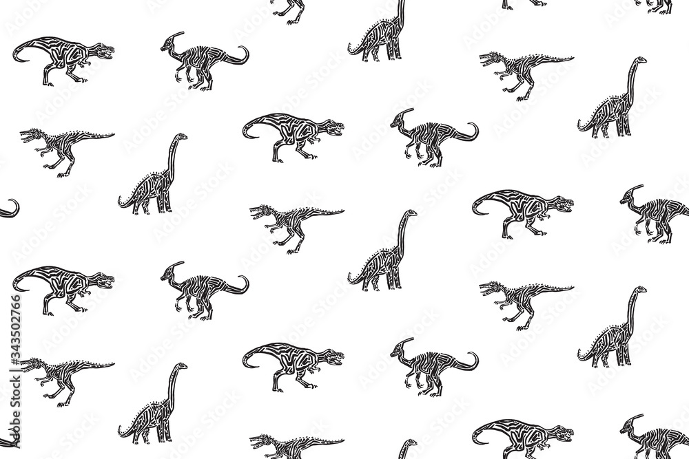 Fototapeta premium Hand drawn grunge seamless pattern with sketch dinosaur silhouettes. Black and white dino vector background, fashion print for textile or decorations for kids