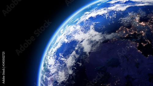 Fototapeta Naklejka Na Ścianę i Meble -  The Earth Space Planet 3D illustration background. City lights on planet. elements from NASA