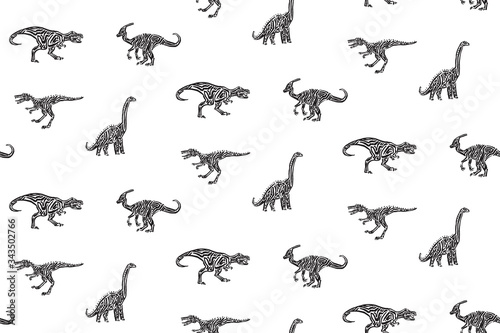 Hand drawn grunge seamless pattern with sketch dinosaur silhouettes. Black and white dino vector background, fashion print for textile or decorations for kids