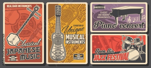 Folk and jazz live music fest, classical piano concert, vector retro vintage posters. Folk musical instruments exhibition museum of Japanese and national Asian music instruments shamisen or pipa