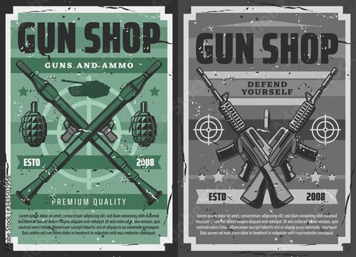 Gun shop and military ammunition weapon store, vector retro vintage posters. Defense weaponry, shooting range machine guns, bullets and bomb launchers, grenades and bazookas, tanks and revolvers