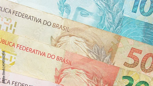 Brazilian currency. Brazil BRL bank notes. 10, 20, 50, 100 Reais. Money from Brazil, Brazilian real bank notes.