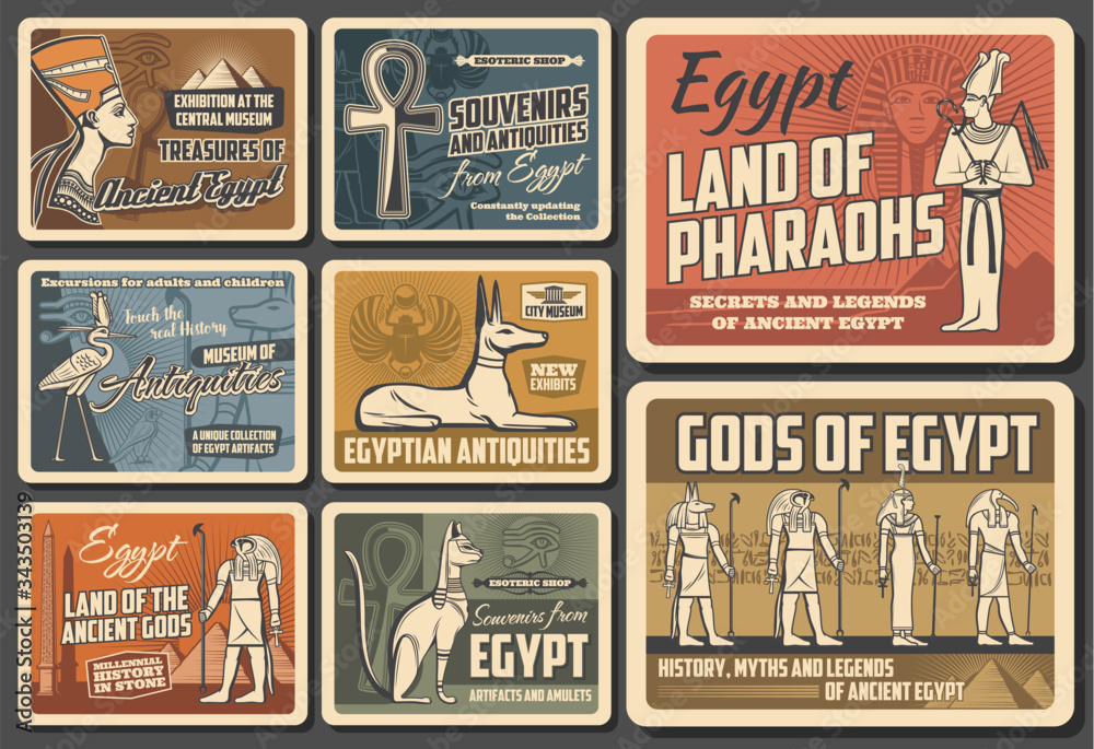 Egypt travel agency vector vintage retro posters. Cairo and Giza sightseeing tours. Ancient Egypt pyramid treasure museum, antiquity souvenirs shop, history and myths of Egyptian gods
