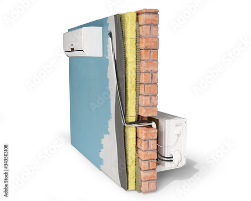 Fototapeta Naklejka Na Ścianę i Meble -  Layered wall with connected conditioner blocks on both sides on white background, 3d illustration