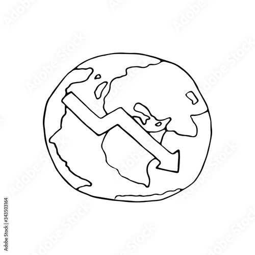 Illustration of the Earth with an arrow down. Economic crisis during the coronavirus epidemic. Dollar falling. Doodle vector illustration. 