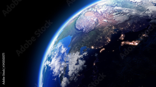 The Earth Space Planet 3D illustration background. City lights on planet. elements from NASA