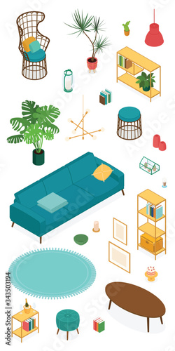Set of isometric furniture and accessories. Vector collection. Illustration in flat design.
