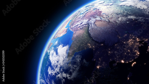 Fototapeta Naklejka Na Ścianę i Meble -  The Earth Space Planet 3D illustration background. City lights on planet. elements from NASA