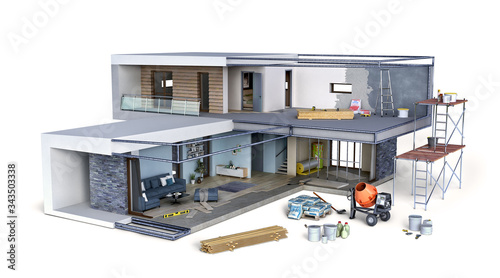 Fototapeta Naklejka Na Ścianę i Meble -  Process of modern cottage construction, 3d illustration