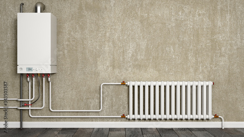 Boiler, water pipes and radiator in front of concrete wall, 3d illustration