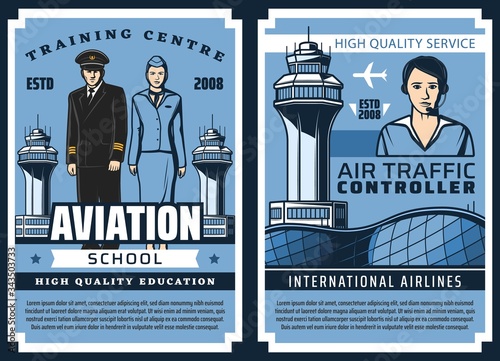 Aviation school, airplane pilots and flight attendants training, vector vintage posters. Airport handling service workers and air traffic controller, professional aviation transport education