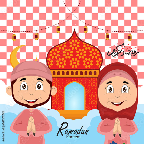 ramadan greeting card design with ramadan kareem cartoon character. Translated: Happy & Holy Ramadan. Month of fasting for Muslims. Arabic Calligraphy.