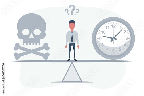 Deadline. Skull with a clock on seesaw. Not enough time for life. Vector flat design illustration.