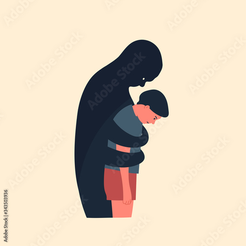 Giant shadow hugging a person. Mental health or disorder concept. Illness, phobia, impairment, psychiatric or psychological problem. Cartoon style. Flat design. Hand drawn colored Vector illustration