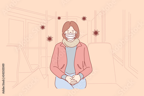 Biohazard, danger, coronavirus, protection concept. Woman cartoon character in medical mask sitting train or subway van. 2019ncov infection risk or threat and covid19 desease flat vector illustartion