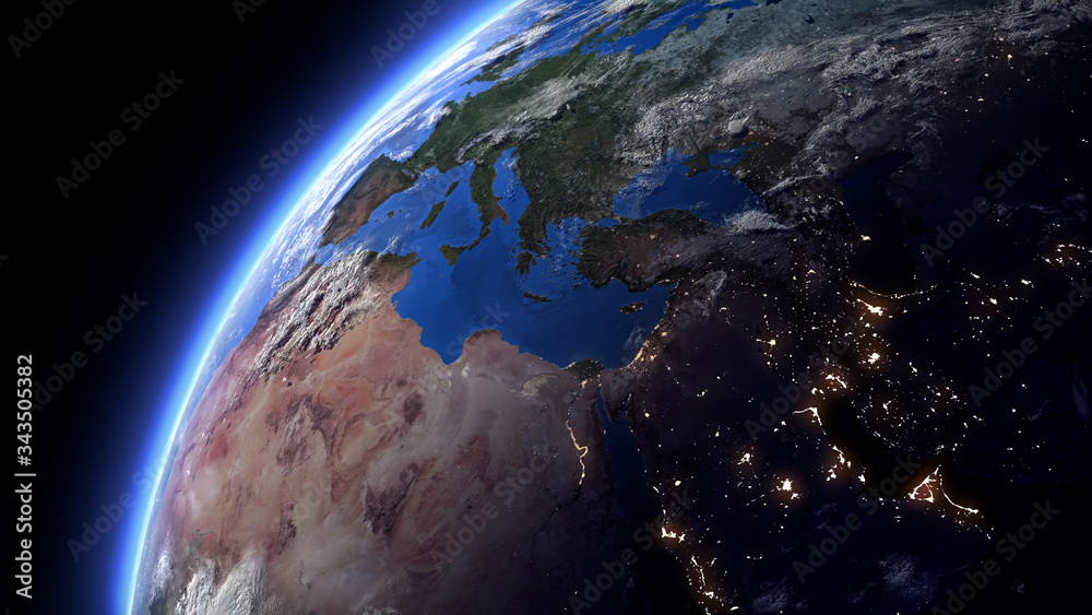 The Earth Space Planet 3D illustration background. City lights on planet. elements from NASA The Earth Space Planet 3D illustration background. City lights on planet. elements from NASA