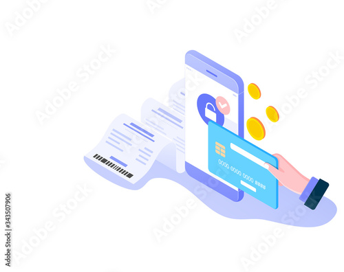 Online mobile payment isometric concept. Payment protection, Cashless society and billing via smartphone on white background. Vector illustration.