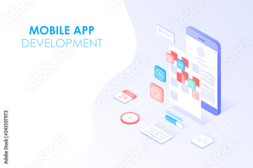 Mobile app development and web design isometric concept. App testing and layered user interface on smartphone screen for web banner background.