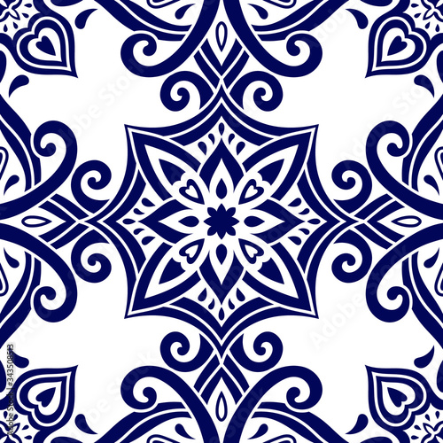 Azulejos ceramic tile design. Talavera tracery motif. Unique creative endless fill swatch. Portuguese, Spanish, Mexican, Brazilian folklore ornament. Ethnic style vector hand drawn seamless pattern.