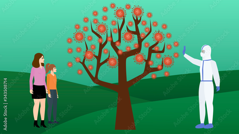 Coronavirus blooming tree and people around it. Man in protective suit and his family at both sides of corona. Family apart. World global problem, danger Coronavirus blooming tree and people around it. Man in protective suit and his family at both sides of corona. Family apart. World global problem, danger