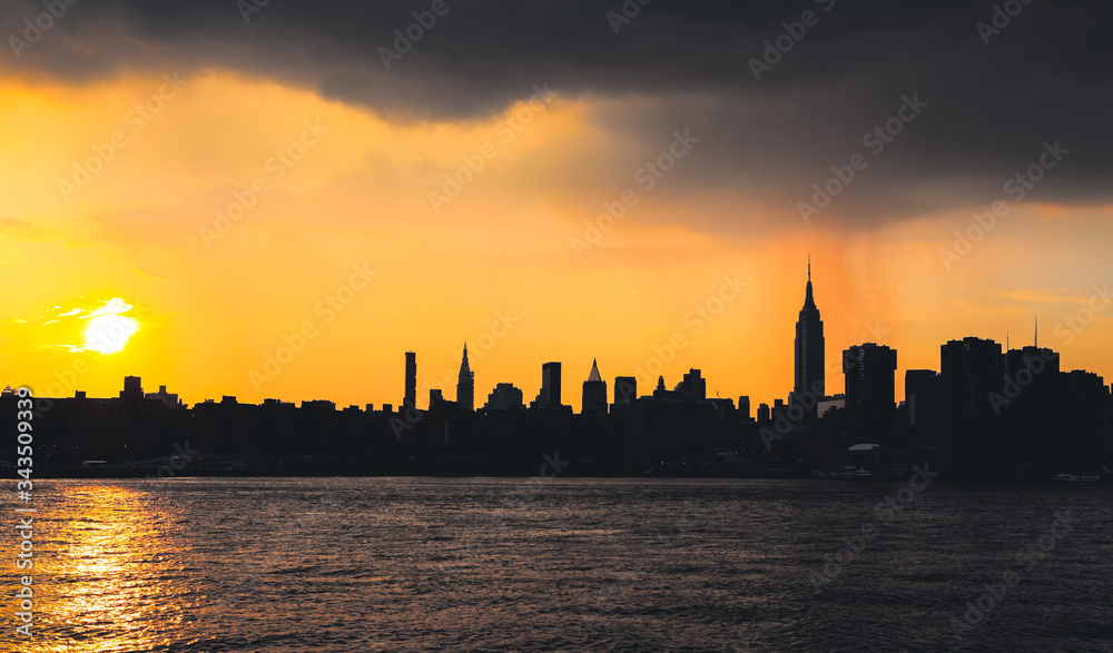 New York City Landmarks, USA. Isolated on yellow, sunset
