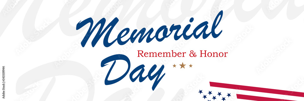 Obraz premium Happy Memorial Day. Long Greeting card with USA flag on white background with lettering typography. National American holiday event. Flat vector illustration EPS10