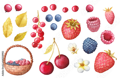 Fototapeta Naklejka Na Ścianę i Meble -  Watercolor illustration, frame wit strawberry, raspberry, BlackBerry, blueberry, strawberry, currant